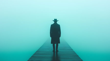 A solitary figure stands on a wooden pier surrounded by thick fog, creating a hauntingly serene...