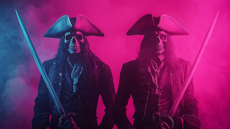 Two skeletal pirates stand confidently, wielding swords against a backdrop of vibrant smoke,...