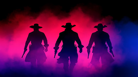 Three mysterious silhouettes of cowboys with guns stand against a vibrant smoke background, creating...