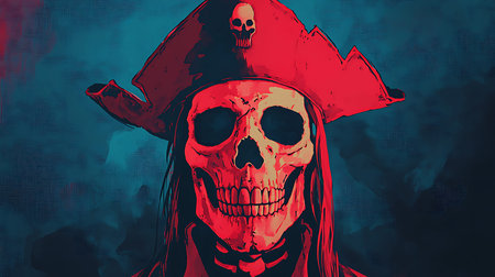 This illustration features a striking pirate skull character set against a vivid dark background,...