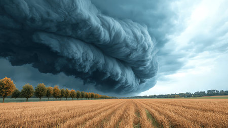 A breathtaking scene showcasing dramatic dark clouds looming over a golden wheat field, creating an...