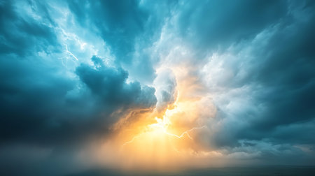 Captivating view of a dramatic sky filled with dark clouds and bright lightning during a...