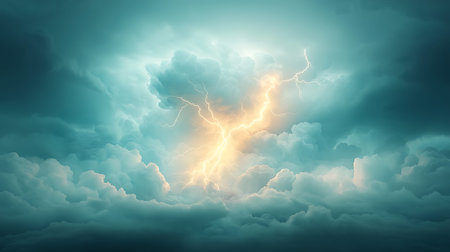 A breathtaking view of a lightning bolt piercing through dark storm clouds, creating a stunning...