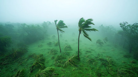 Captivating view of a stormy landscape with swaying trees in a lush green setting, showcasing the...