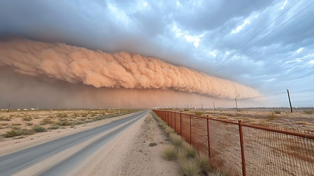 A striking image of a dust storm approaching a rural area, showcasing a dramatic cloud formation over a rural road. The ominous colors and textures emphasize the powerful forces of nature.の写真素材