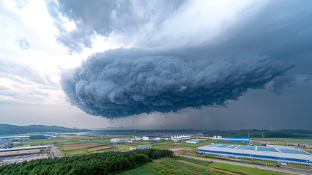 A stunning view of a dramatic cloud formation looms over a landscape, revealing an eerie gray sky...