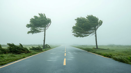 Mist envelops a road with leaning trees, creating a tranquil atmosphere in the early morning light....