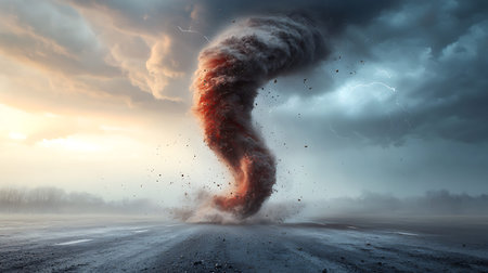 A striking image of a powerful tornado forming over an open field, surrounded by dramatic clouds and...