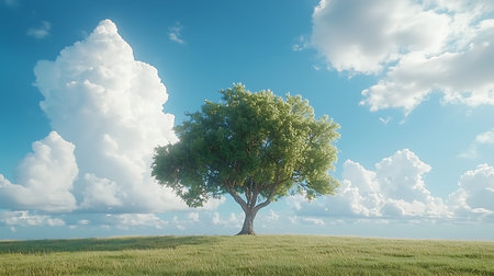 A stunning solitary tree stands majestically on a grassy hill beneath a bright blue sky. Fluffy...