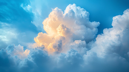 This stunning image captures soft white clouds illuminated by warm golden light against a bright...