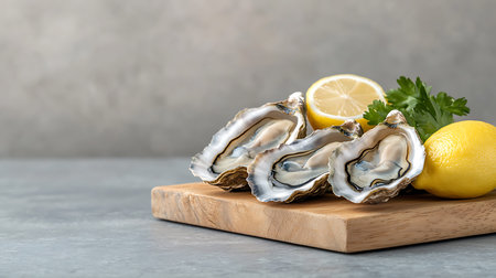 A beautiful arrangement of fresh oysters on a wooden board, complemented by lemon slices and green...