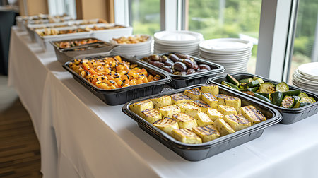 A vibrant buffet display featuring an assortment of grilled vegetables and fresh fruits, beautifully arranged for a catering event. Perfect for gatherings.の写真素材