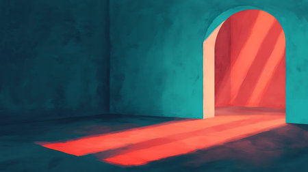 A captivating abstract interior scene featuring an arched doorway bathed in colorful light rays. The...