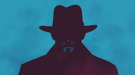 A captivating silhouette of a detective in a fedora, evoking mystery and intrigue. The artwork features a striking blue background that enhances the enigmatic atmosphere of the image.の写真素材
