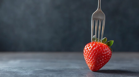 A close-up image of a fresh red strawberry held by a fork. The dark background enhances the vibrant colors, ideal for culinary themes and food presentations.の写真素材