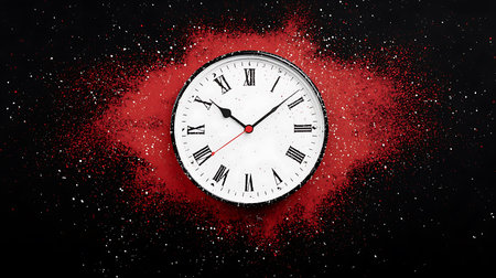 A creative clock design featuring a vibrant red powder explosion on a dark background, symbolizing...