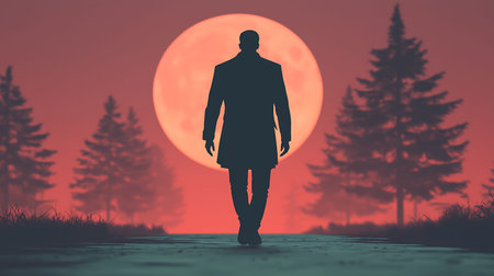 A mysterious silhouette of a man in a long coat walks toward a full moon setting over an enchanting forest landscape, evoking feelings of solitude and wonder.の写真素材
