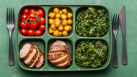 A vibrant meal prep tray showcases a perfectly balanced dish featuring sliced meat, fresh tomatoes,...