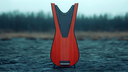 This image captures a unique wooden instrument with vertical strings, set against a foggy landscape....