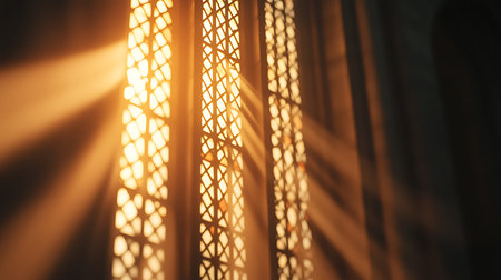Beautiful sunlight streams through intricate window grilles, casting enchanting light patterns on...