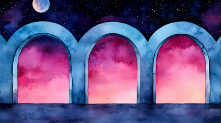 A captivating watercolor illustration featuring three arches against a dreamy night sky filled with stars and a glowing moon, evoking serenity.の写真素材