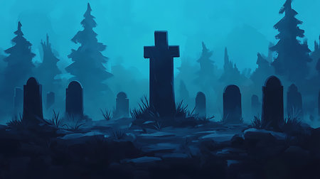 A haunting graveyard scene enveloped in mist, featuring a dark cross surrounded by shadowy headstones and towering trees, evoking mystery and solitude.の写真素材