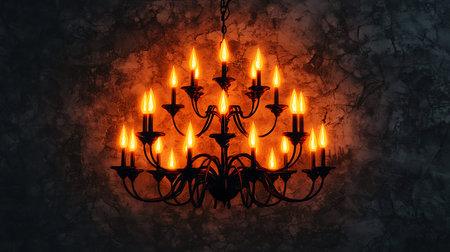 This vintage chandelier with glowing flames creates a dramatic and elegant ambiance for any interior setting, perfect for enhancing spaces with style.の写真素材