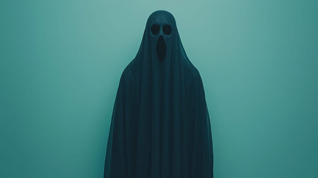 A haunting figure shrouded in dark fabric stands against a minimalist green background, evoking a...