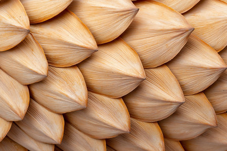 This close-up image showcases the intricate texture and warm tones of brown pine cone scales,...