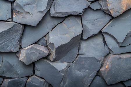 A close-up image of a textured gray slate stone wall showcasing natural stones in various shapes and...