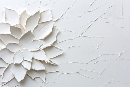 This image features a white textured background with an abstract flower shape crafted from layered materials, showcasing intricate detail and elegance. Perfect for modern art displays.の写真素材