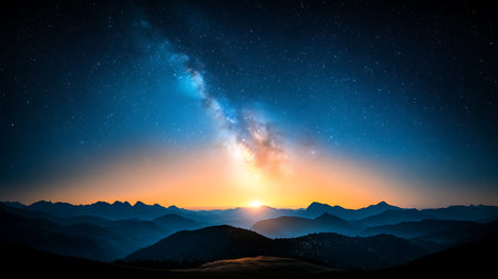 Breathtaking view of a vibrant sunrise illuminating mountains, with the Milky Way galaxy glowing...