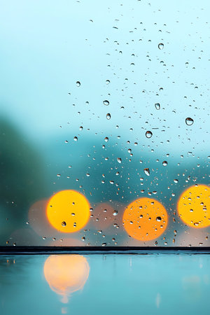 Soft focus image captures raindrops on window glass, creating an abstract, colorful background of...