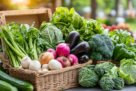 A vibrant display of fresh organic vegetables in woven baskets at a farmers market, showcasing a...
