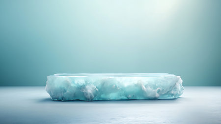 A striking ice block rests on a smooth surface, illuminated by soft light in a minimalistic setting....