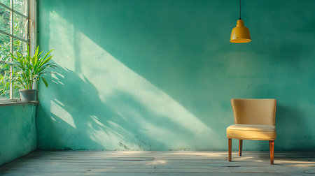 Bright and inviting room featuring a yellow chair against green walls, illuminated by natural light and complemented by a peaceful indoor plant.の写真素材