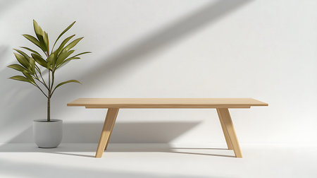 A serene and minimalist setup featuring a wooden table and a lush green plant against a simple...