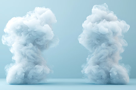 Beautiful soft white smoke clouds rise elegantly against a light blue background, creating a serene...