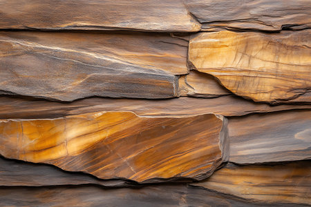 This image showcases a stunning natural stone wall featuring rich brown and orange hues. Its unique...