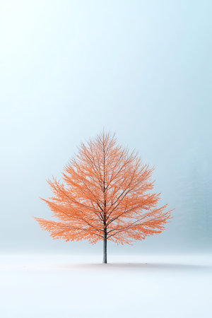 A striking solitary orange tree stands tall amidst a serene white landscape, shrouded in mist and...