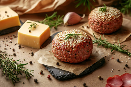 Raw meat patties are nestled on parchment paper, accompanied by slices of cheese, fresh garlic, and...