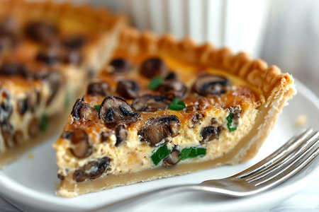 This image showcases a delectable slice of mushroom quiche, featuring rich flavors and a crispy...