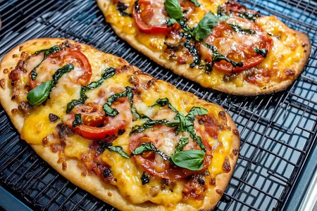 This image showcases two delicious homemade flatbread pizzas topped with fresh tomatoes and aromatic...