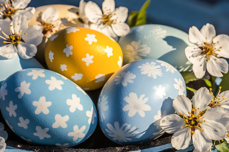 A vibrant display of hand-painted Easter eggs in soft colors surrounded by delicate blossoms,...