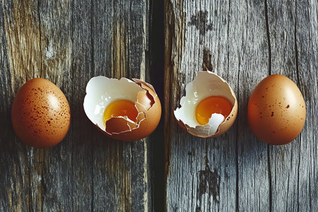 A beautiful arrangement of fresh brown eggs on a rustic wooden surface, showing one cracked egg and...