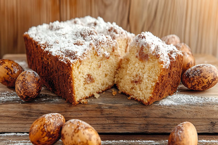 A delectable homemade cake adorned with powdered sugar, placed on a rustic wooden board. Perfect for...