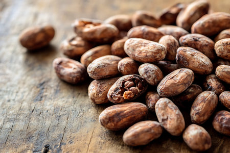 A close-up of raw cocoa beans arranged on a wooden surface, with one bean cut open to expose its...