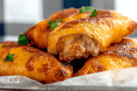 Enjoy these golden brown fried pastries stuffed with rich cheese and tender chicken, perfect for any...
