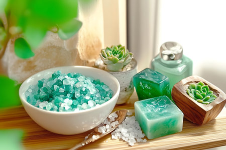 This image captures a serene spa scene featuring natural salt crystals, decorative succulents, and...