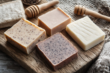 A visually appealing arrangement of assorted handmade soaps on a rustic wooden surface. Perfect for...